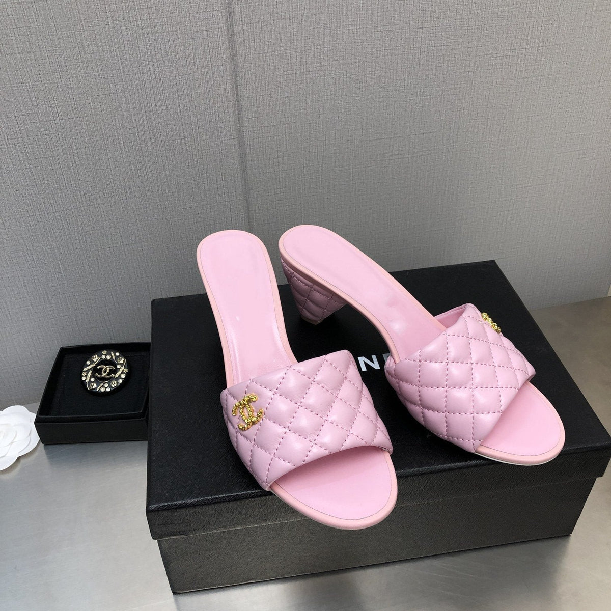 CHANEL rev cone heel mule slide sandal pink quilted lambskin 6cm