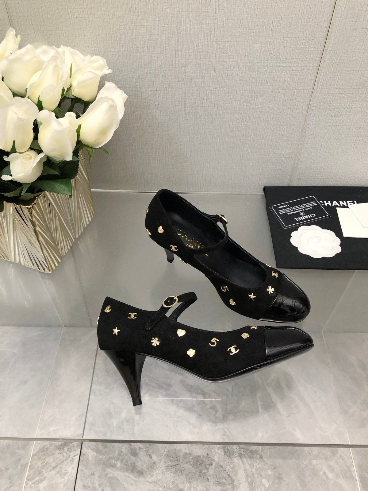 CHANEL MARY JANE BLACK SUEDE AND LAMBSKIN ATTACH METAL