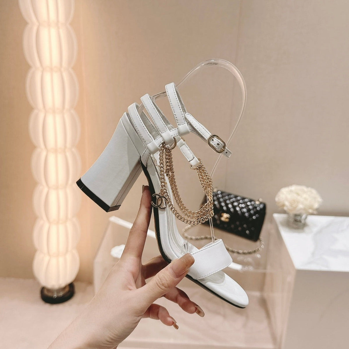CHANEL Double C Leather High Heel Sandals White