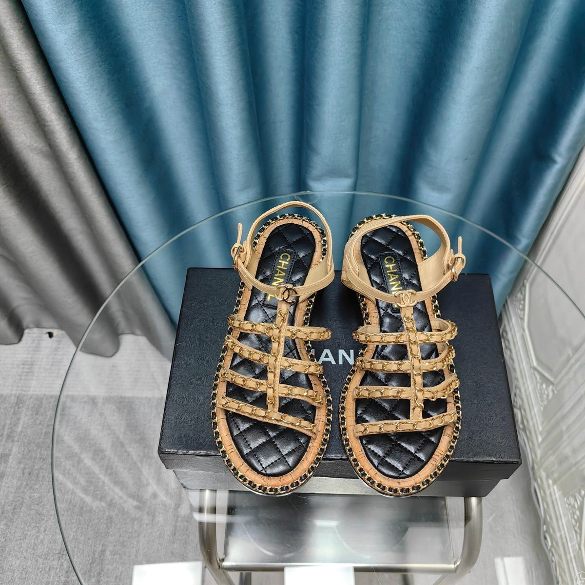 CHANEL HIGH SANDALS WITH THREE STRAPS IN DARK CREAM CALFSKIN