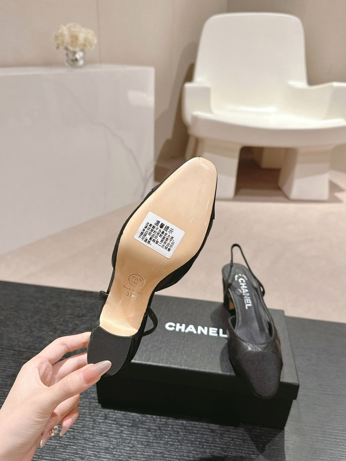 CHANEL HIGH SLINGBACKS IN BLACK LAMBSKIN AND SATIN