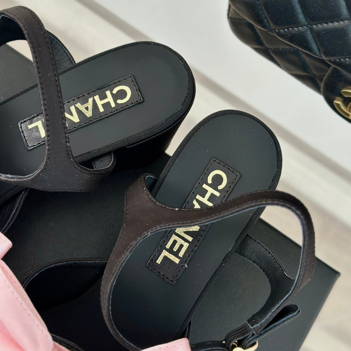 CHANEL Double  Big Bow High Sandal Sheepskin Light Pink/ Black