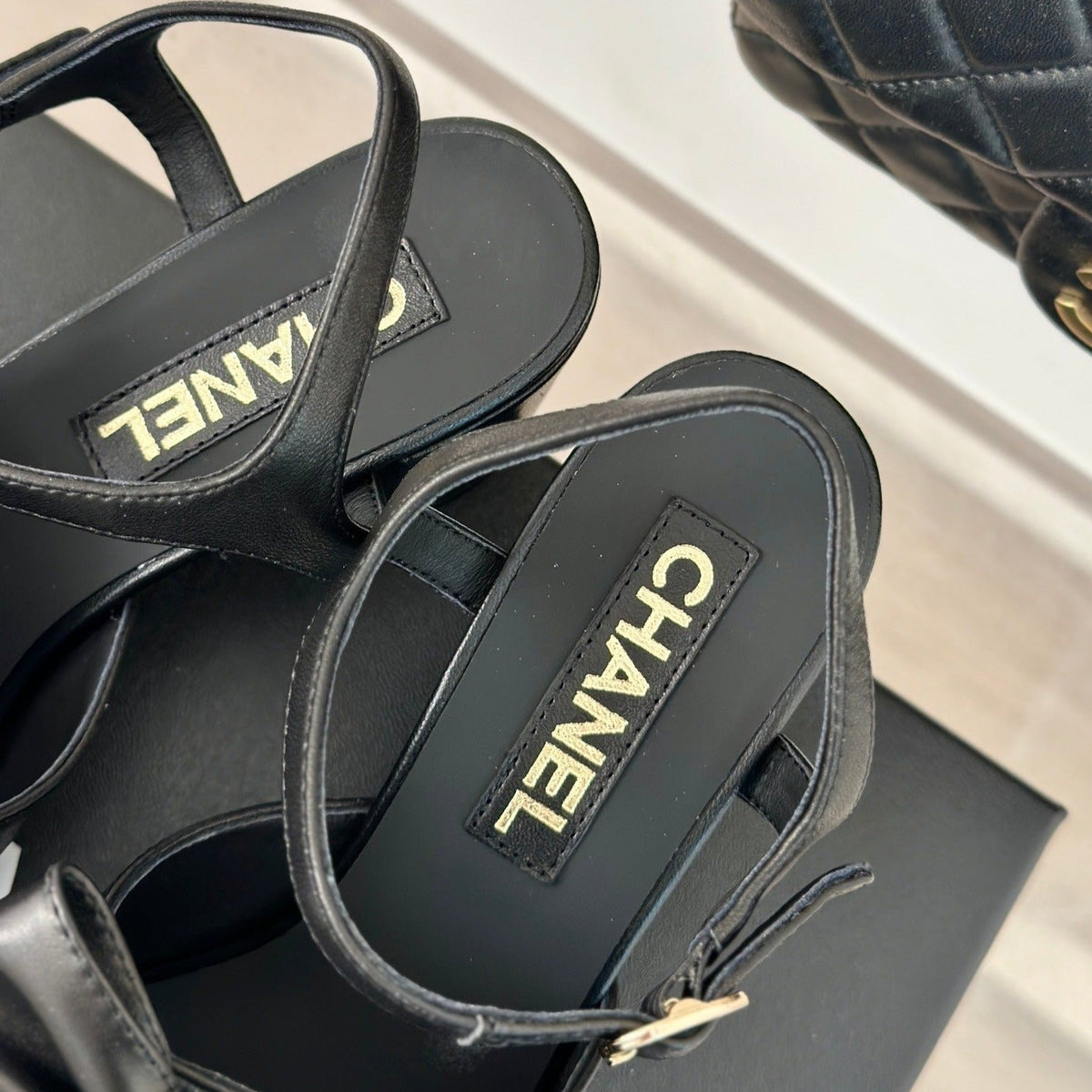 CHANEL Double  Big Bow High Sandal Sheepskin Black